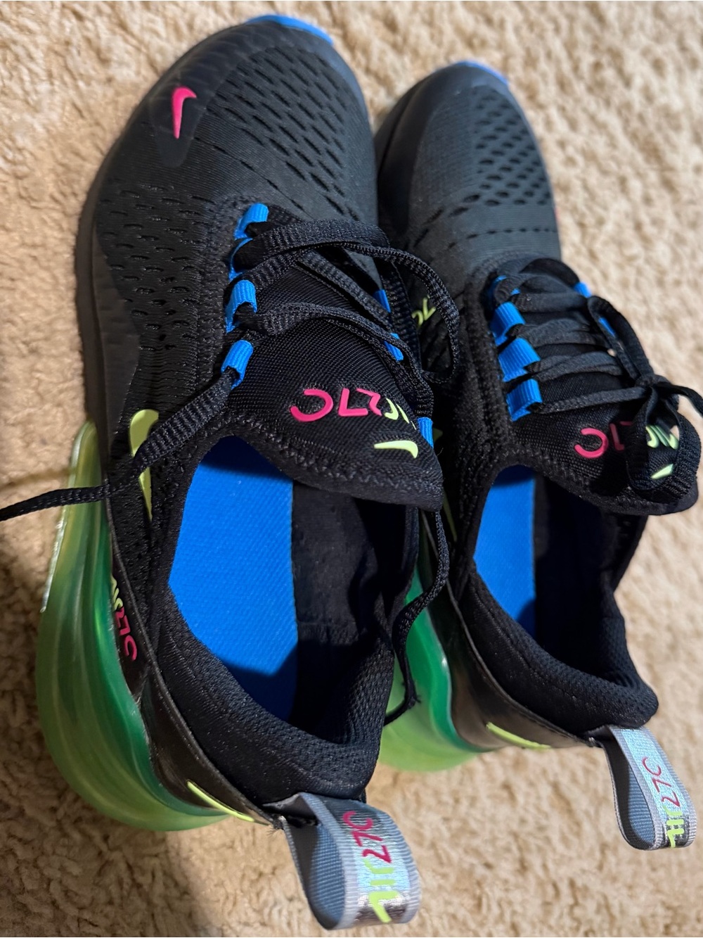 Nike Black Kids Sneakers with Green Air Heel and Blue Insole